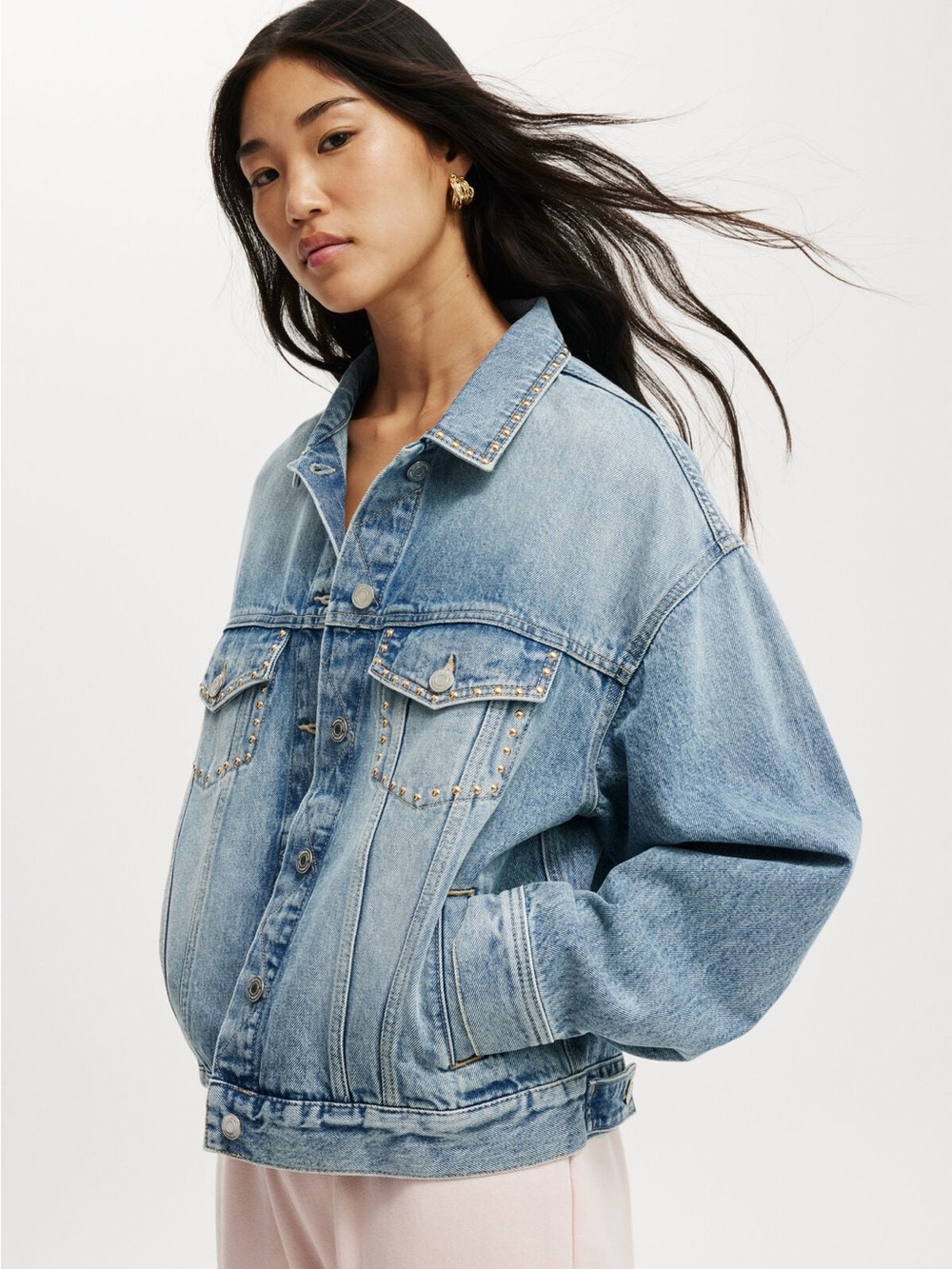 Cotton On Light Blue Stud-Embellished Denim Jacket